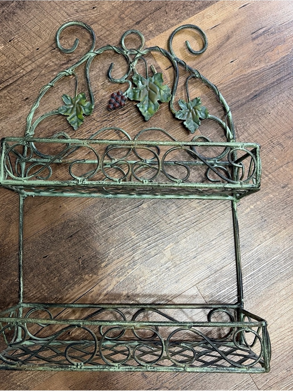 Vintage Green Metal Wall Shelf with Grape Vine Motif